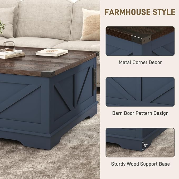 40” Large Farmhouse Lift Top Coffee Table with Power Outlets and Large Hidden Storage, Square Wood Living Room Tables, Multi-Function Lift Wooden Barn Door Center Table, Blue