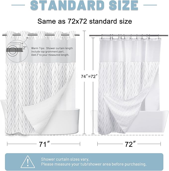 No Hook Geometric Striped Shower Curtain with Snap in Liner Set - Hotel Shower Curtain and Liner Set with See Through Mesh Top Window,Machine Washable, 71x74 INCH- Grey & White Chevron