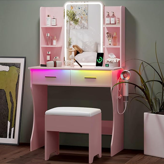 Small Vanity Desk with Mirror and Lights, Makeup Vanity with LED Lights, Pink Vanity Mirror with Lighted Desk and Chair, 3 Lighting Adjustable Compact Dressing Table with Mirror for Women, Girls