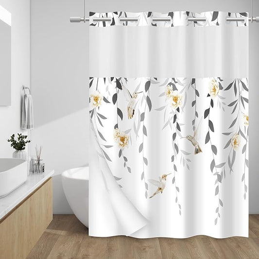 No Hook Shower Curtain with Snap in Liner - Fabric Waterproof Inner Liner, Plants Yellow Floral Grey Nature Birds Cloth Shower Curtains Washable, 71 x 74 Inch
