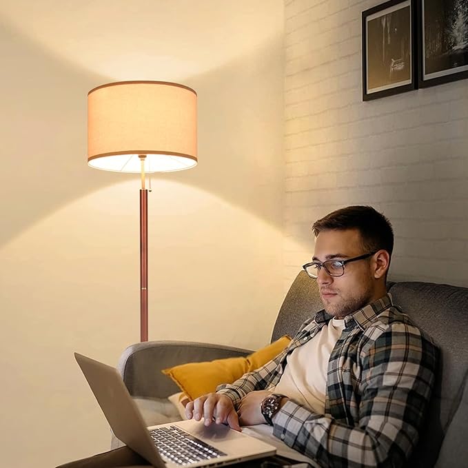 Modern Floor Lamp,Mid Century Living Room Lamp, 64" Standing Lamp with Beige Fabric Lampshade for Bedroom, Study Room and Office, Reading Room Black Pole Light Without Bulb