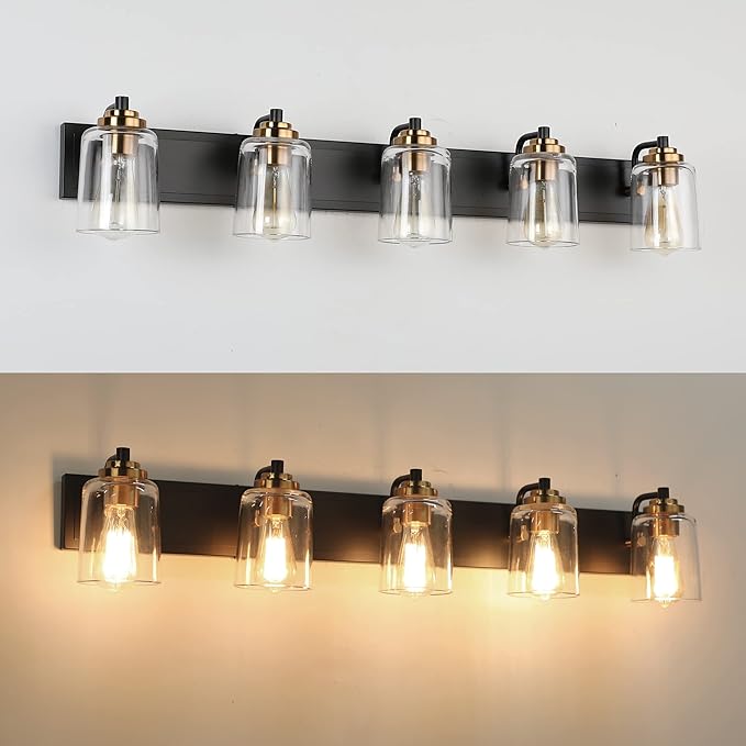 SOLFART 5 Lights Vintage Vanity Lighting Over Mirror Brass Bathroom Vanity Light Fixtures Thick Globes 8580 Lights