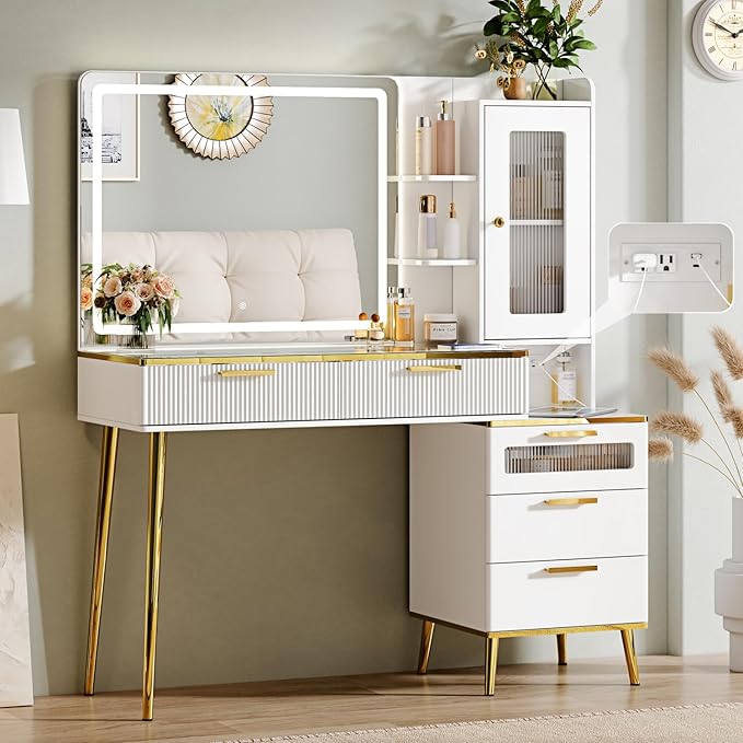 Vanity Desk with 29.53" HD Lighted Mirror, 47.24" Big Modern Vanity Desk with Mirror and Lights, Makeup Vanity with 5 Drawers and Storage Shelves and Charging Station, White