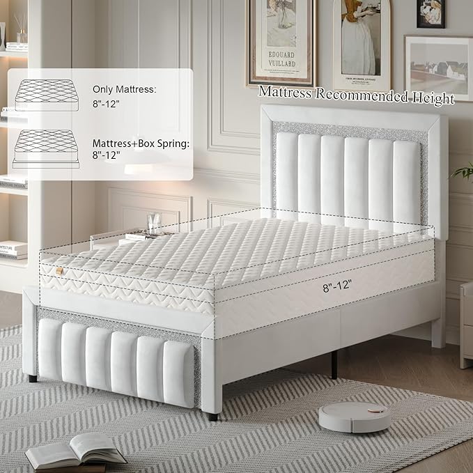 HOMBCK Twin Size Bed Frames with Headboard and Footboard, Upholstered Platform Bed with Diamond Design, Bed Frames Twin with Wooden Slats Support, No Box Spring Needed, Easy Assembly, White