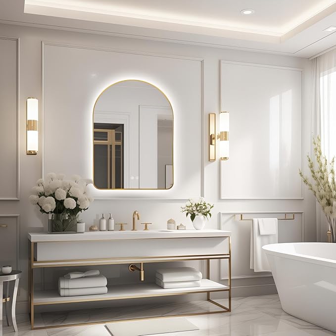 Niccy Arched LED Lighted Bathroom Mirror, 40x30 Inch Backlit Vanity Bathroom Mirror with Lights Brushed Gold Framed Wall Mounted Mirrors with 3 Color Shatterproof Arch Smart Fog Free Mirror