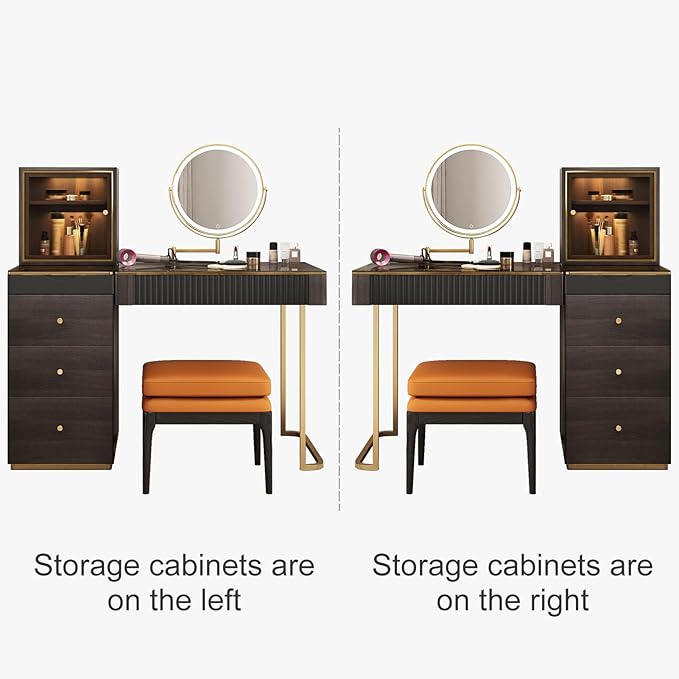 Lartis Vanity with Mirror and Lights Makeup Vanity Table with Stool, 47 inch Black Dressing Table with Dimmable LED Mirror, Ample Storage, Convenient Power Access, Easy Assembly