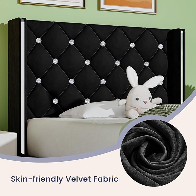 Black Velvet Bed with Diamonds Headboard, Bed Frame Full Size with Wingback, Wooden Slats Support, No Box Spring Needed, Easy Assembly, Black