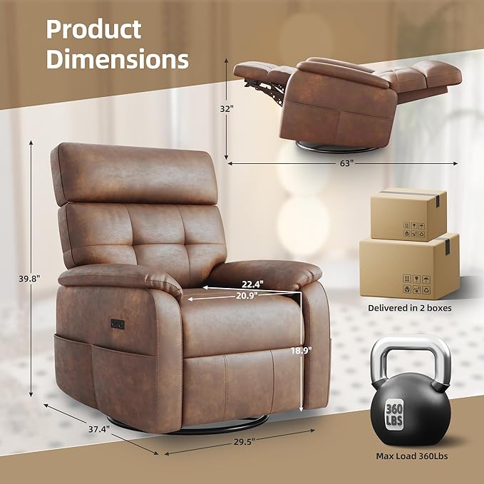 Claiks Power Swivel Rocker Recliner Chair, Oversized Recliner Chairs for Adults, Tech Cloth Overstuffed Reclining Chair with USB and Type-C Ports for Living Room, Brown
