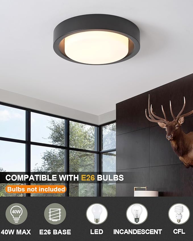 16 Inch Flush Mount Ceiling Light,3-Lights Black Finish with Frosted Glass Shade,Round Ceiling Light Fixture for Bedroom Livingroom Kitchen