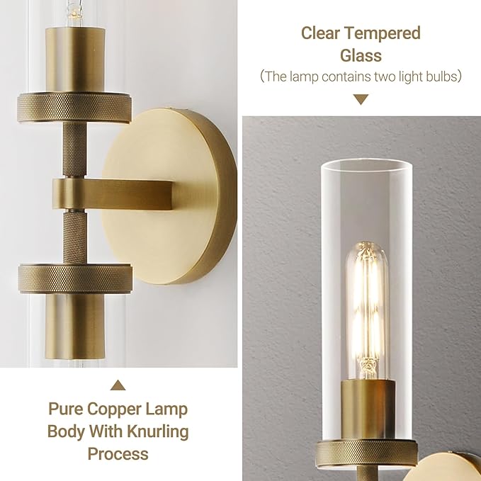 Gold Wall Sconce for Bathroom Hardwired, 20.5" Brass Wall Sconces, Linear Sconces Wall Lighting Double-Lights, Bathroom Lighting Fixtures over Mirror, Tube Bath Vanity Light for Living Room, Bedroom