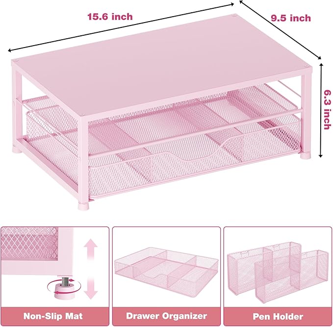 Desk Organizers and Accessories, 2-Tier Computer Monitor Stand Riser with Drawer and 2 Pen Holders, Laptop Stand, Office Desk Accessories for Office Supplies, Pink