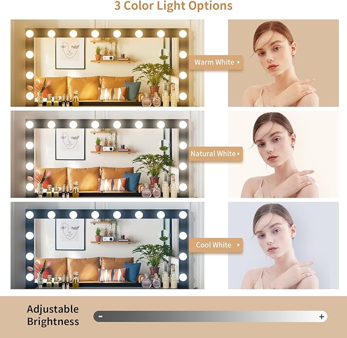 VOWNER Vanity with Lighted Mirror - Makeup Vanity Desk with Glass Top and 11 Drawers, 3 Color Lighting Modes Adjustable Brightness, 46" Vanity Table with Soft Cushioned Stool for Bedroom, Black