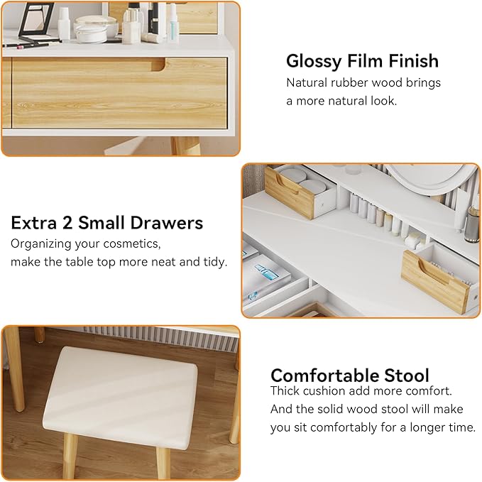 YOURLITE Makeup Vanity Desk with Lights, Small Vanity with Adjustable Brightness Mirror for Small Spaces, Dressing Table with Drawers (31.5", Oval Mirror Wood)