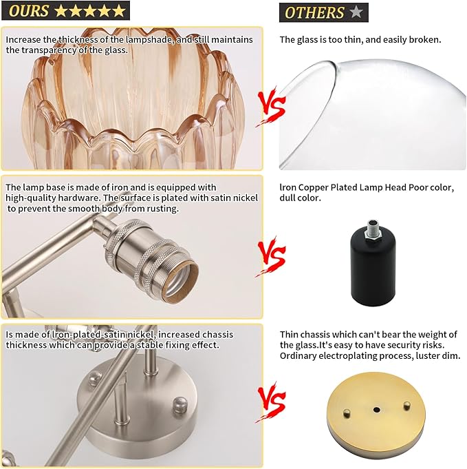 Bathroom Light Fixtures, 3-Light Vanity Wall Light Over Mirror with Amber Tulip Glass Shade for Bedroom Living Room, Satin Nickel