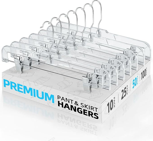 HOUSE DAY 50 Pack 14 inch Clear Plastic Pants Hangers with Clips, Skirt Hangers, Clip Hangers for Pants, Trouser Bulk Plastic Pant Hangers