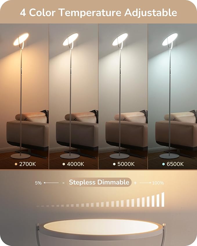 EDISHINE 76" Tall Floor Lamp, 28W 2500LM Bright LED Lights for Living Room, 300° Flexible Head Modern Torchiere Corner Lamps with Remote, 2700K-6500K Dimmable Standing Lamps for Bedroom, Office, White