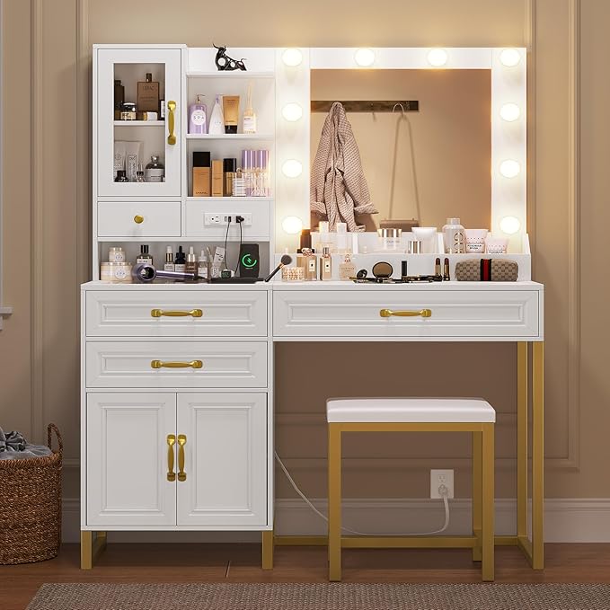 Vanity Desk with Mirror & Lights, Upholstered Stool & Power Outlet, Makeup Vanity Set with Glass Top Drawers, Shelves & Cabinets, Modern White & Gold