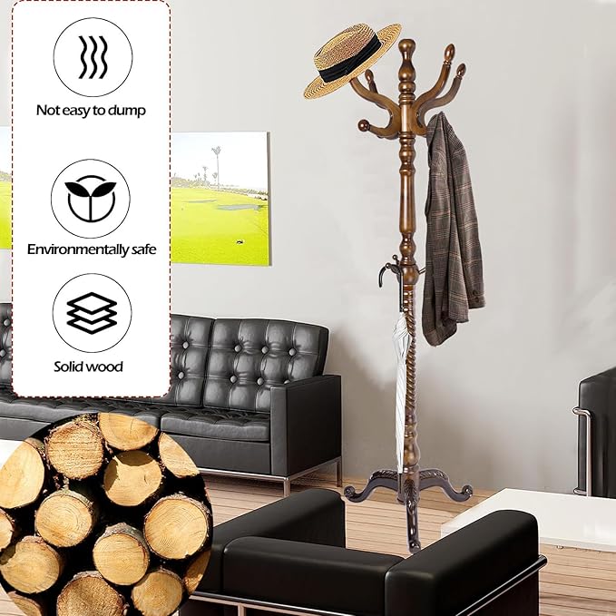 Coat Racks Free Standing with 11 Hooks, Natural Wood Coat Stands for Entryway, Adjustable Height 74 in Tree Coat Rack Stand for Hallway Home Office Bedroom (Brown Triangle)