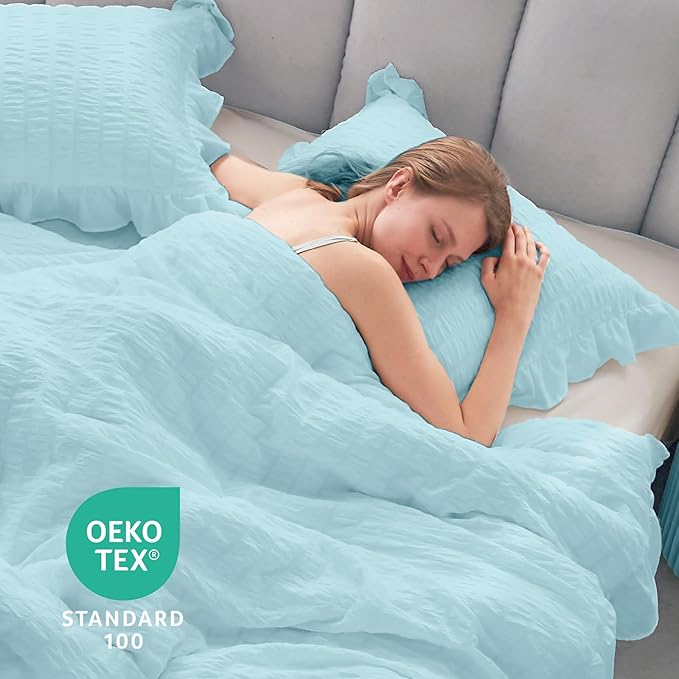 JOLLYVOGUE Blue Twin Size Comforter Set, 2 Pieces Seersucker Lightweight Fluffy Bedding Set, Twin Ruffle Comforter, All Season Soft Microfiber Shabby Chic Bed Set