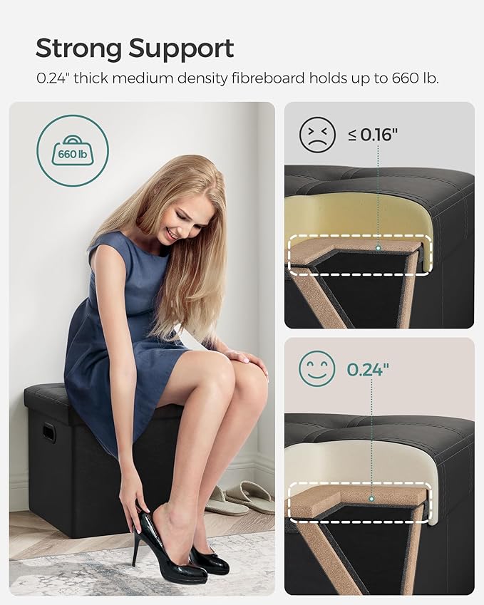 SONGMICS MAZIE Collection - 15 Inches Ottoman with Storage, Footstool, Storage Ottoman with Metal Grommet Handles, Load 660 lb, for Dorm, Living Room, Bedroom, Synthetic Leather, Black ULSF30B