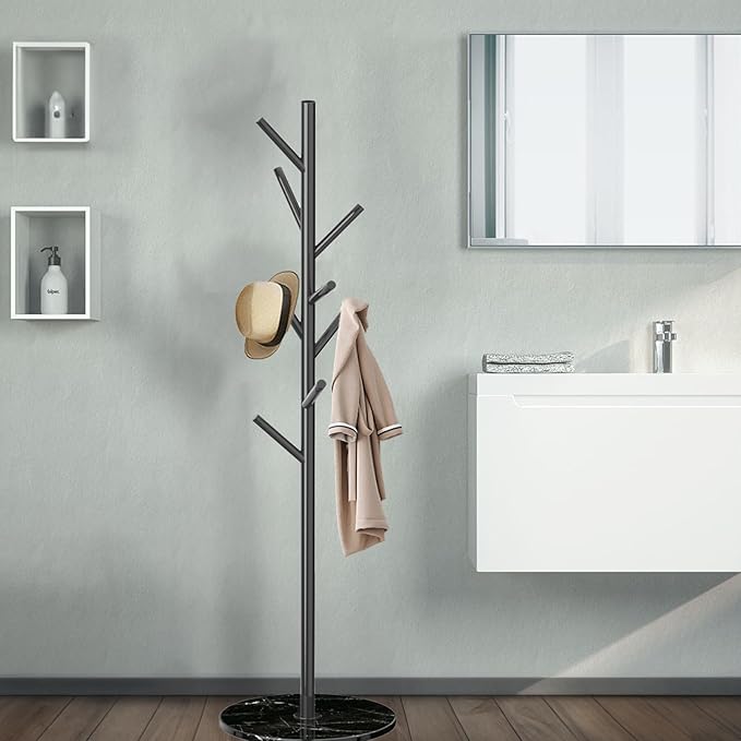 Coat Rack with Natural Marble Base, Metal Freestanding Coat Racks, Heavy Duty Coat Rack Stand with 8 Hooks for Hanging Scarf, Bag, Jacket, Black Coat Hall Tree Hanger Holder Stand