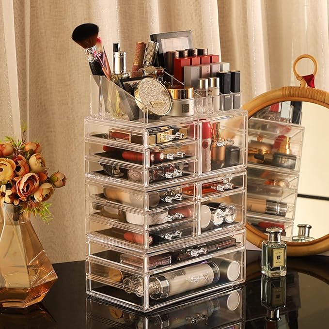 Cq acrylic Clear Makeup Storage Organizer Drawers Skin Care Large Cosmetic Display Cases Stackable Storage Box With 11 Drawers For Dresser 1 Pack