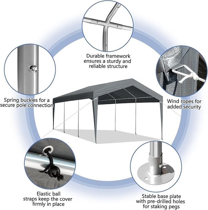 VINGLI 12x20 Carport Canopy Portable Garage, Car Canopy Heavy Duty Car Tent Garage for SUV, Boats, RVs, Trucks Party Tent Boat Shelter(Without Sidewalls)