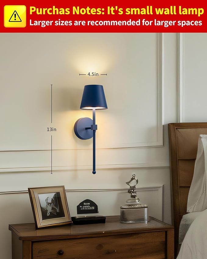 KDG Cordless Wall Sconces Set of 2, Wireless 5200mAh Rechargeable Battery LED Wall Lamps, Wall Lightings for Wall Painting, Outdoor, Garden, Living Room, Bedside, Hallway, Gifts, Night Light (Blue)