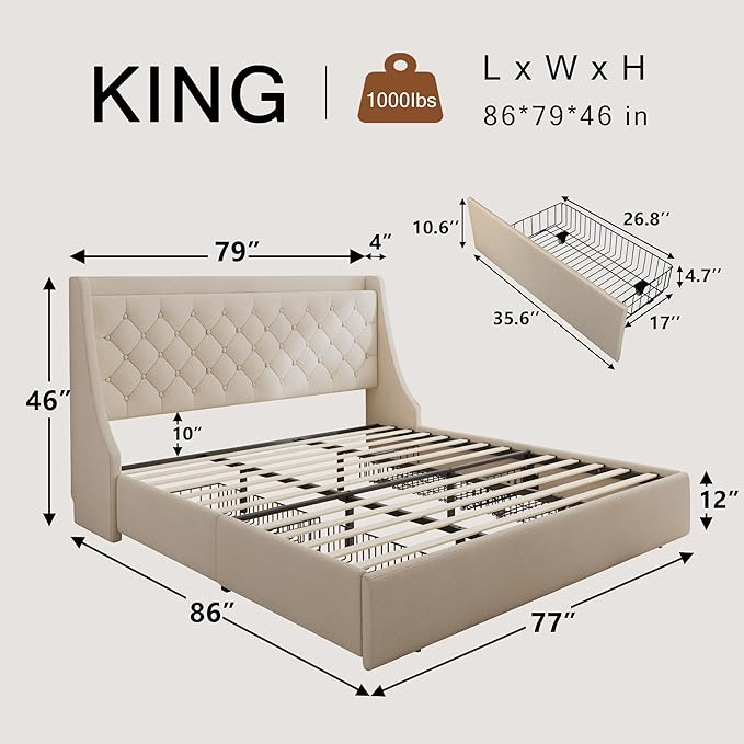 Upholstered King Size Bed Frame with 4 Storage Drawers, Modern Platform Bed with Wingback Headboard, Charging Station, No Box Spring Needed, Beige