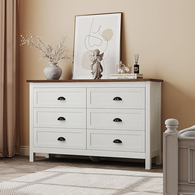 Farmhouse White Dresser for Bedroom, Modern 6 Drawer Double Dresser for Bedroom with Vintage Black Handle, Wide Wood Dressers & Chests of Drawers, 6 Drawer Dressers for Hallway, Antique White