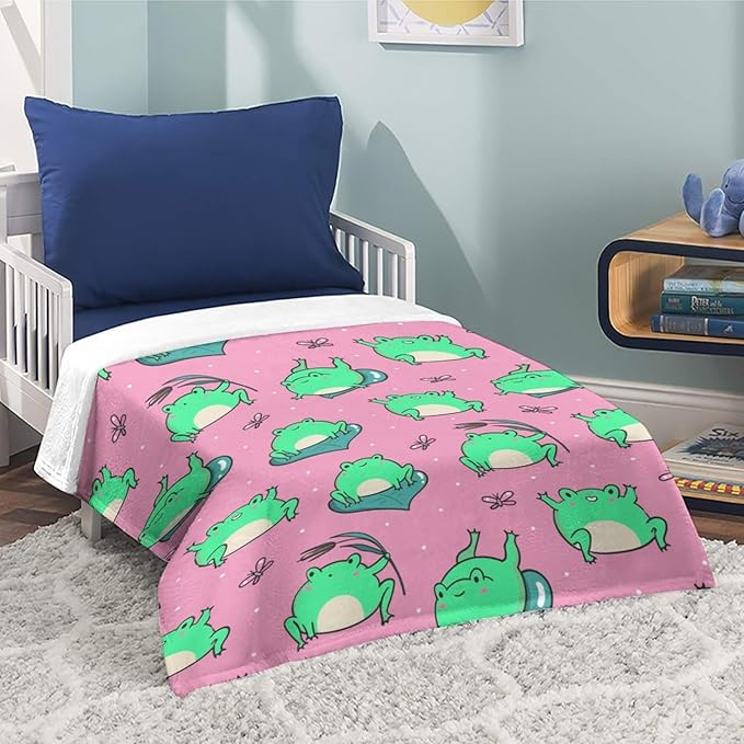 Cute Green Frogs on Pink Throw Blanket, Flannel Fleece Bed Blanket, Soft Cozy Fuzzy Plush Blankets for Couch Sofa Office Traveling Kids Bedroom Adults Living Room All Season, 80"x60"