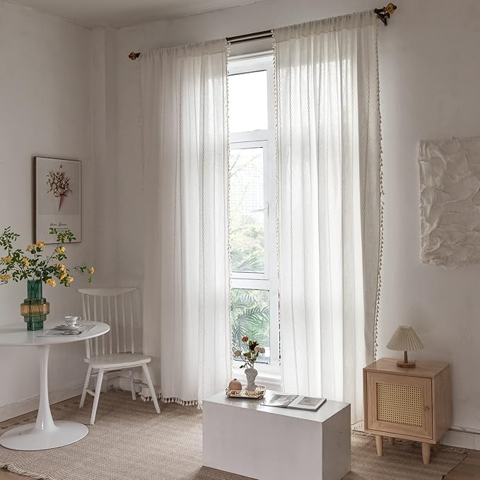 Boho Curtains Off White Linen Curtains 96 Inches Long 2 Pannels for Living Room Bedroom, Embroidery Country Farmhouse Curtains Light Filtering Curtains Rod Pocket Drapes 52" W x 96" L