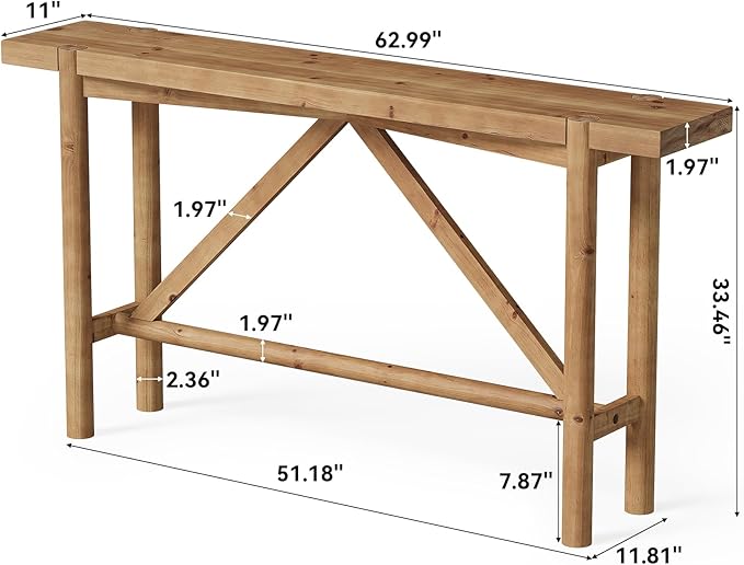 Solid Wood Console Table for Entryway, 63" Long Farmhouse Entryway Sofa Table for Living Room, Wooden Narrow Console for Hallway, Foyer, Entrance (Rustic Brown)