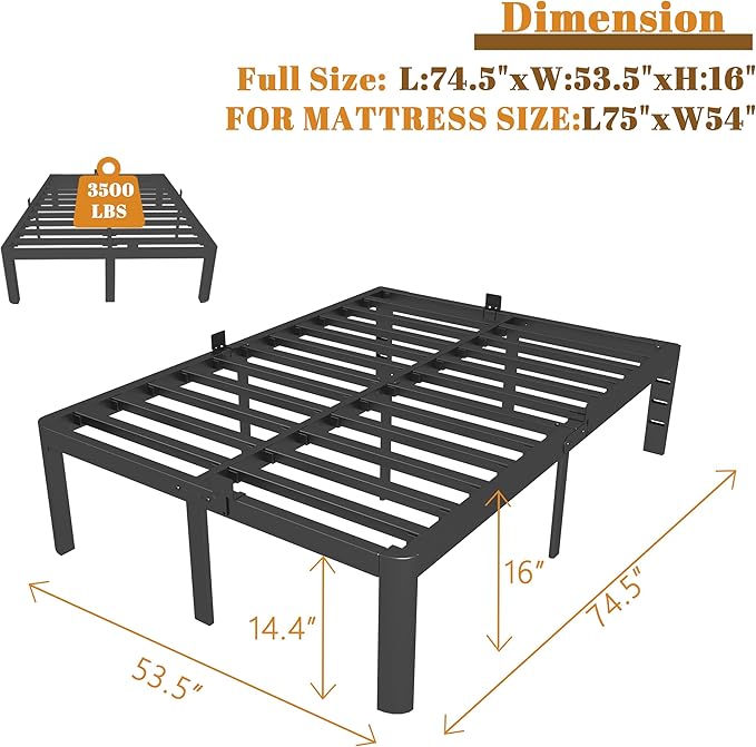 Full Size Bed Frame 16 Inch Black, Metal Platform Full Bed Frame with Baffles, No Box Spring Needed, Heavy Duty Steel Supprt, Rounded Corner Design, Reserved Holes, Noiseless, Easy Assembly
