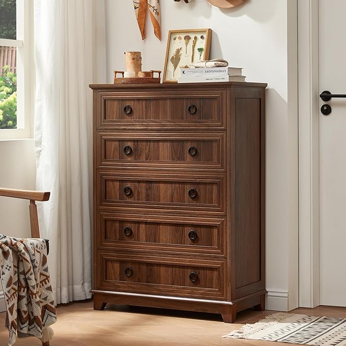 Farmhouse 5 Drawer Dresser for Bedroom Set of 2, 42.5" Tall Small Dressers & Chest of Drawers, Rustic Wood Dresser with Metal Handle, Storage Organizer Closet for Living Room, Hallway,Entryway