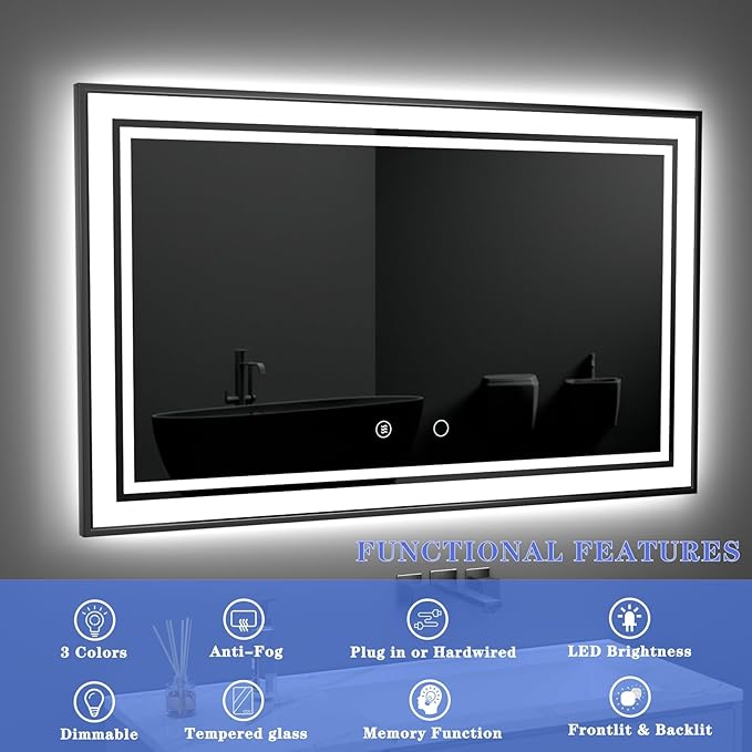 60" x 36" LED Bathroom Mirror with Lights Framed LED Mirror for Bathroom Backlit and Front Lighted Bathroom Mirror Black Square Aluminum Frame Anti-Fog Dimmable Adjustable Shatter-Proof