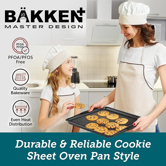 BAKKEN Kitchen Baking Pans - 15.15 x 10.03" Medium Nonstick Sheet, Durable Carbon Steel Cookie Sheet with Gray Silicone Handles, PFOA, PFOS, PTFE Free, Oven Safe Tray (Up To 450°F), Set of 1