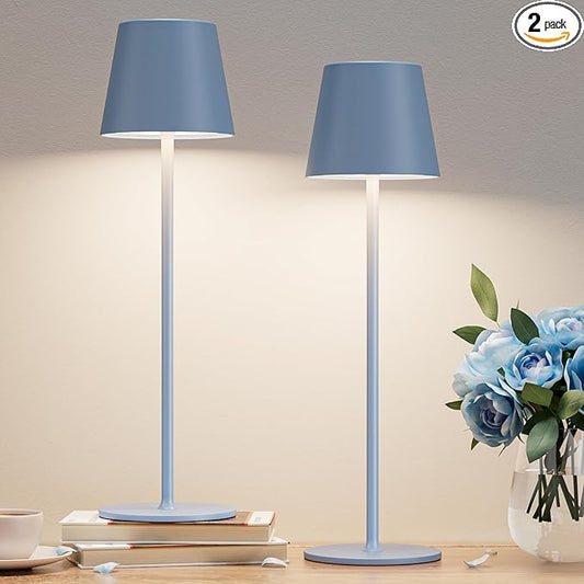 Kakanuo Cordless Table Lamp Rechargeable Blue - KK 2 Pack 5000mAH Battery Operated Lamp for Dining Table, 3 Color Stepless Dimming Wireless Lamp for Counter, Outdoor Patio, Touch Control
