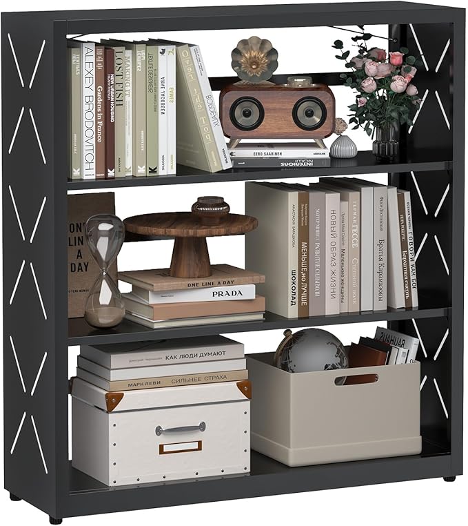 Book Shelf, 3-Tier Adjustable Bookcase with Anti-Tip Kit & Leveling Feet, Heavy-Duty Metal Storage Organizer, Modern Corner Shelves for Kitchen, Garage, Home Office - Black