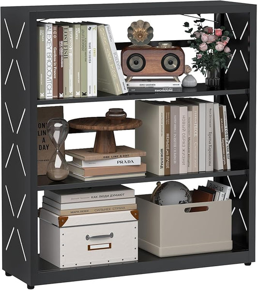 Book Shelf, 3-Tier Adjustable Bookcase with Anti-Tip Kit & Leveling Feet, Heavy-Duty Metal Storage Organizer, Modern Corner Shelves for Kitchen, Garage, Home Office - Black
