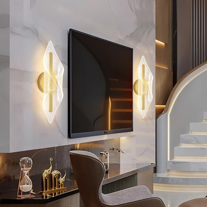 Hardwired Wall Sconce 22.4Inch, Modern Gold LED Wall Lamp with Remote Control Dimmable Acrylic Wall Lighting for Living Room Hallway Bedroom Stairs