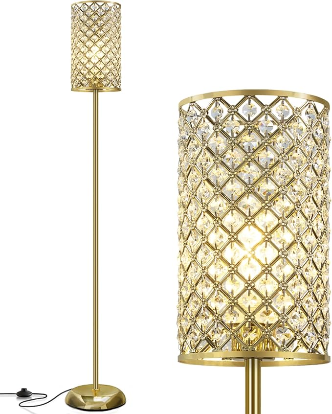 Gold Floor Lamp,Elegant Crystal Floor Lamp Modern Standing Lamp with On/Off Foot Switch,Tall Pole Accent Lighting for Living Room, Girl Bedroom, Dresser, Office