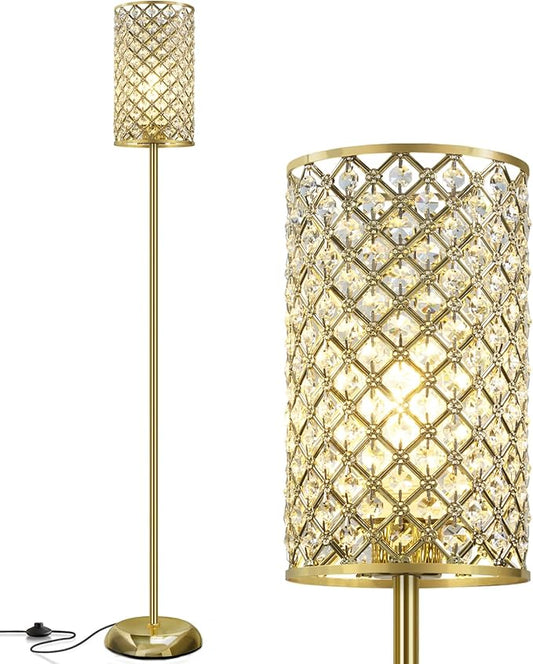 Gold Floor Lamp,Elegant Crystal Floor Lamp Modern Standing Lamp with On/Off Foot Switch,Tall Pole Accent Lighting for Living Room, Girl Bedroom, Dresser, Office