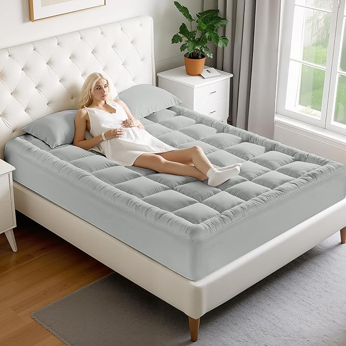 MATBEBY Twin Size Mattress Pad - Cooling Breathable Mattress Topper, Quilted Fitted Mattress Protector, Pillow Top Mattress Cover with 8-21" Deep Pocket, Machine Washable, Light Grey, 39x75 Inches