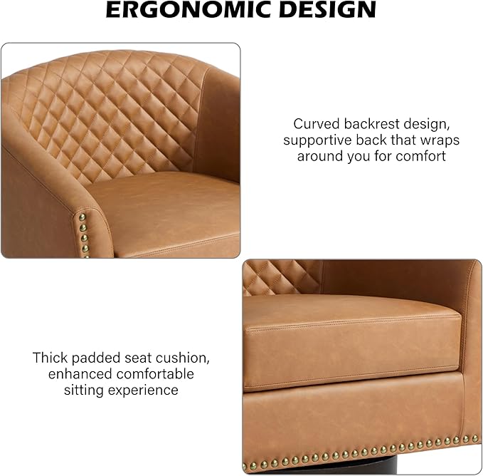 Swivel Barrel Accent Chair, Comfy Modern Upholstered Round Faux Leather Arm Chair for Living Room, Bedroom（Coffee, Set of 2