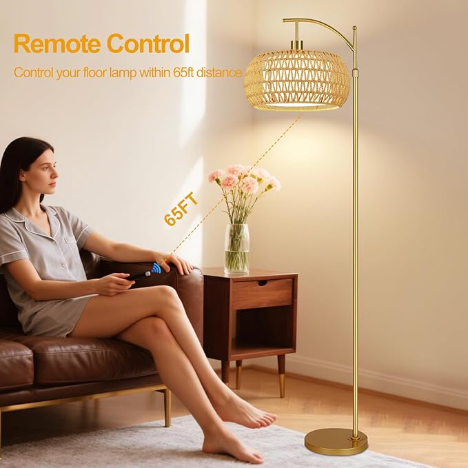 Gold Floor Lamps for Living Room Rattan Boho Floor Lamp with Remote Control,Arc Floor Lamp Wicker Lamp Shades Dimmable Standing Lamp with 3 Color Temperature Tall Floor Lamps For Bedroom Corner
