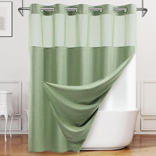 Extra Long No Hook Shower Curtain with Snap in Liner, Polyester Textured Shower Curtain with Liner Set, Waterproof Washable Hotel Style Shower Curtains for Bathroom, 71Wx86H, Sage Green