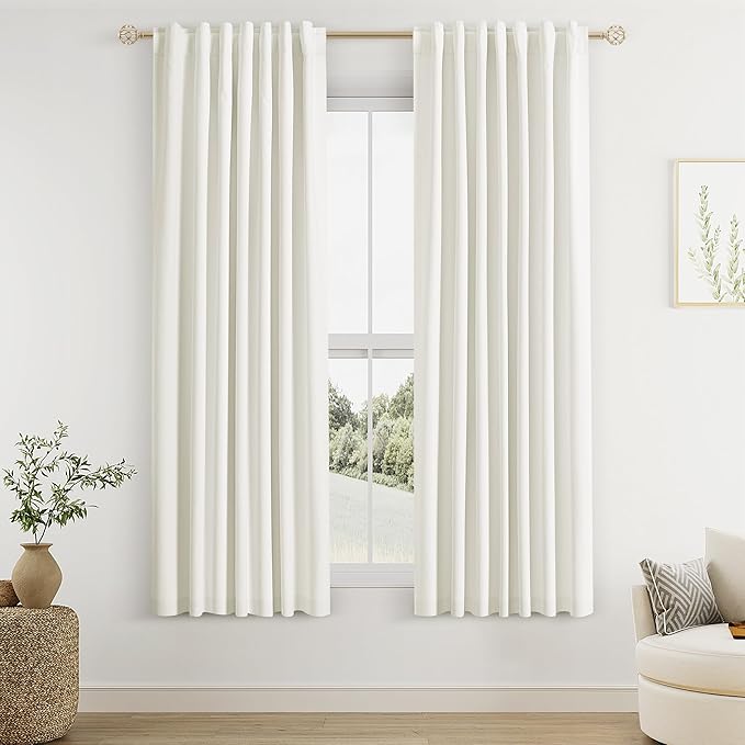 Guken Ivory Linen Blackout Curtains 63 Inch Length 2 Panels Set for Living Room Bedroom Back Tab Thermal Insulated 100% Black Out Linen Drapes Room Darkening Window Curtains 40 Wide