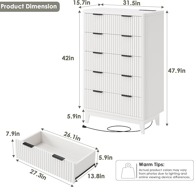 HAIOOU Fluted 5 Drawer Dresser with Power Outlet, Curved Profile Design, 47.4" Tall Chest of Drawers Vertical Wooden Clothing Organizer with Ample Storage for Bedroom, Closet, Hallway - Modern White