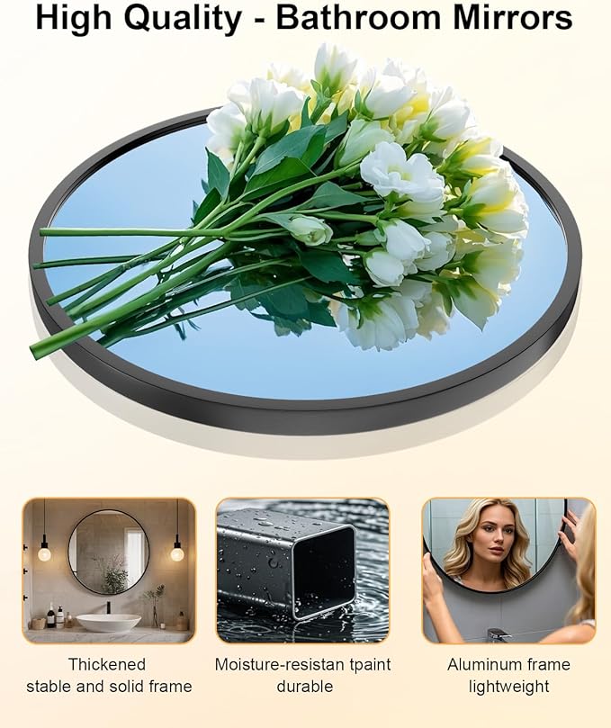 Round Bathroom Mirror 30" X 30" Wall Mount Dresser Metal FrameMirror Over Sink Vanity Hungs Horizontally Or Vertically for Bedroom, Entryway, Living Room,Black